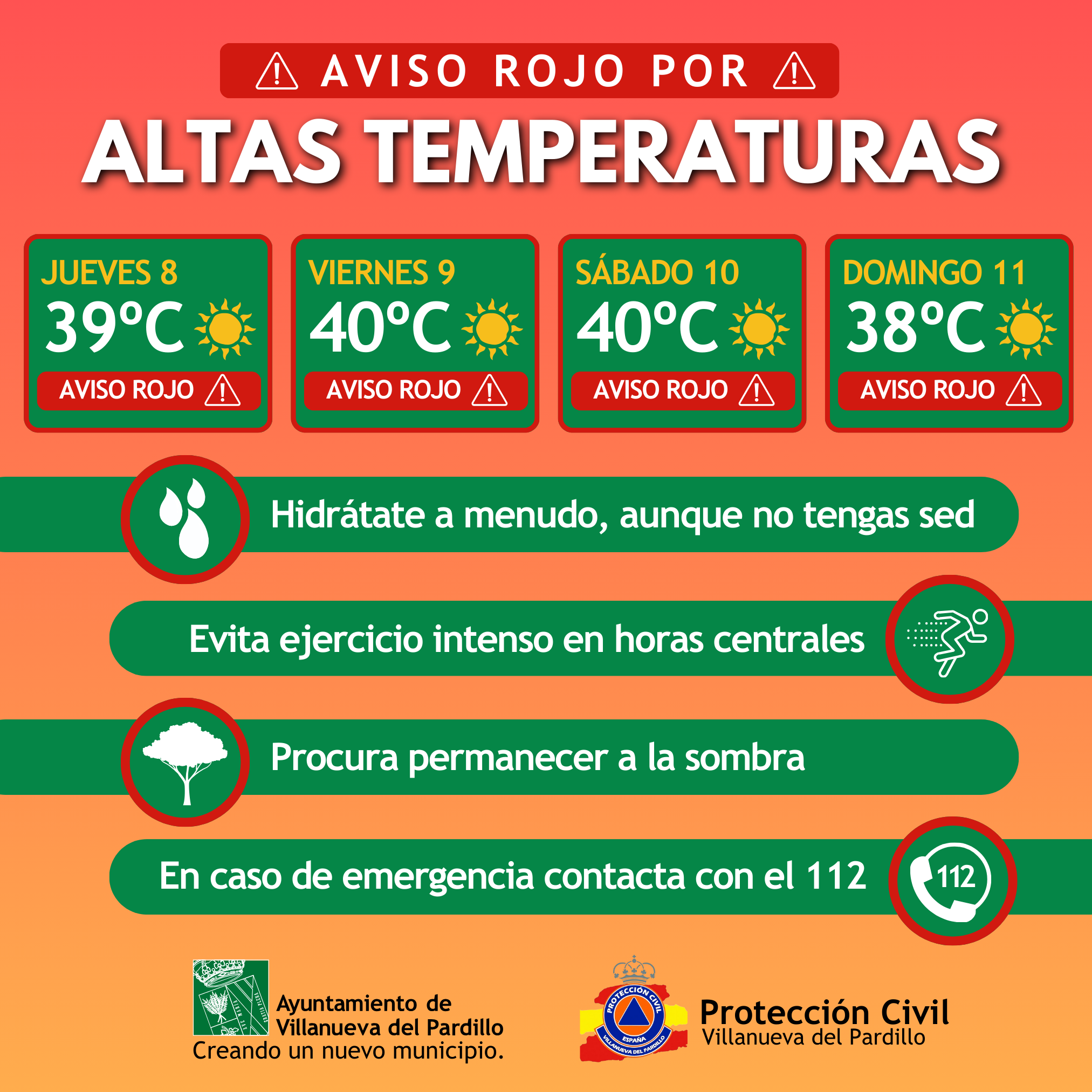 AVISO ROJO POR ALTAS TEMPERATURAS EN VILLANUEVA DEL PARDILLO.  08/08/2024