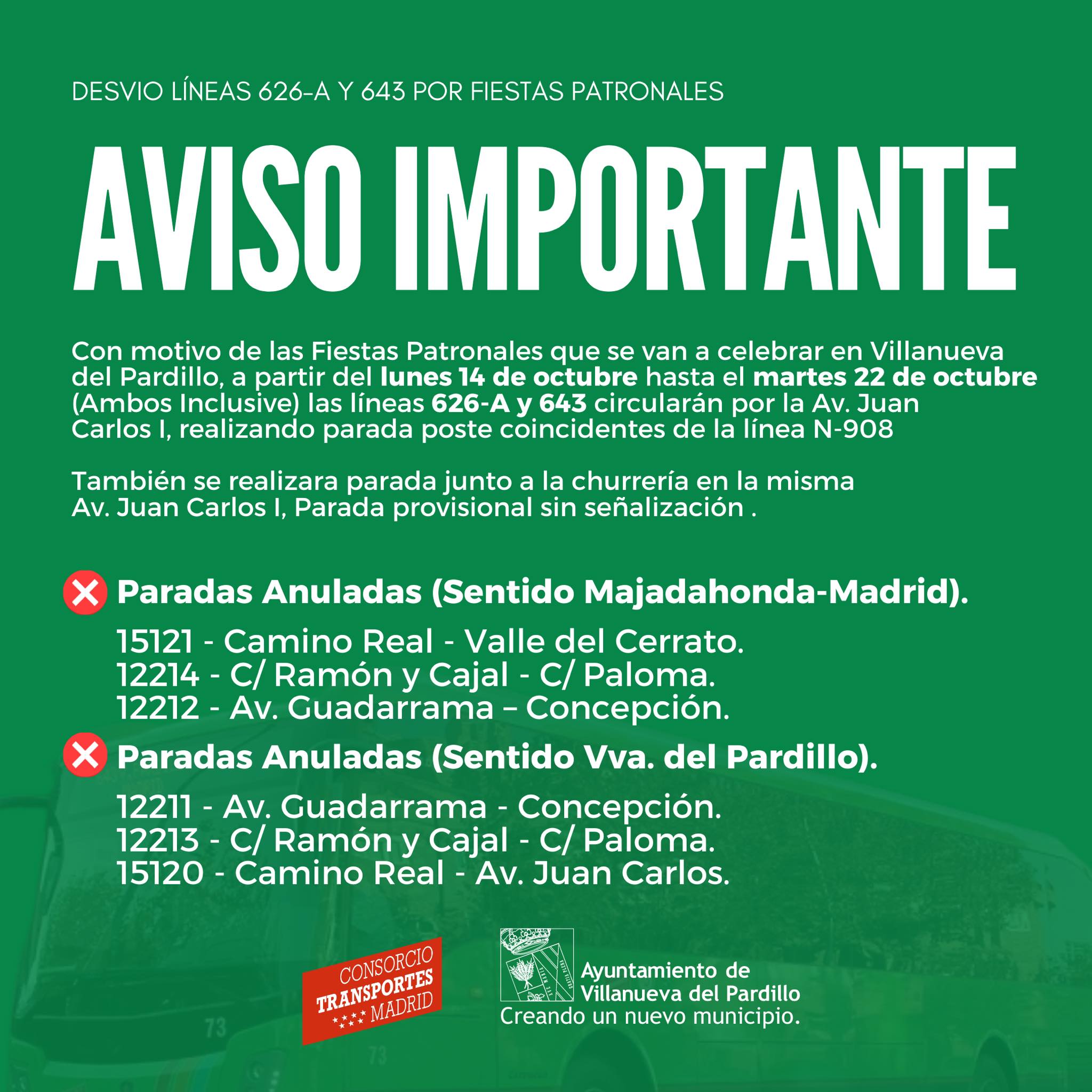 Aviso Importante. Desvío líneas 626-A y 643 por Fiestas Patronales