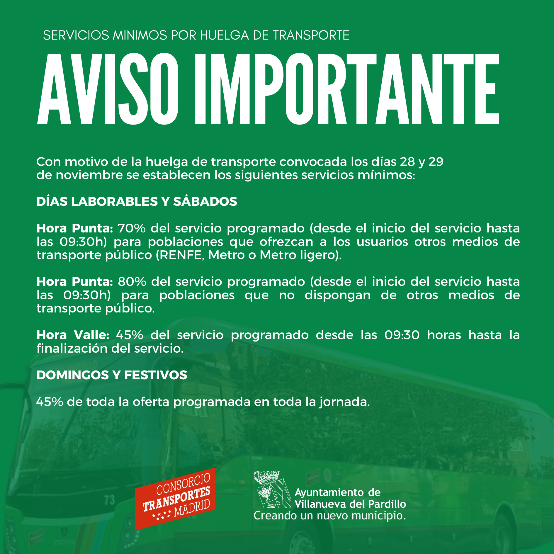 AVISO IMPORTANTE. Servicios mínimos por huelga de transporte