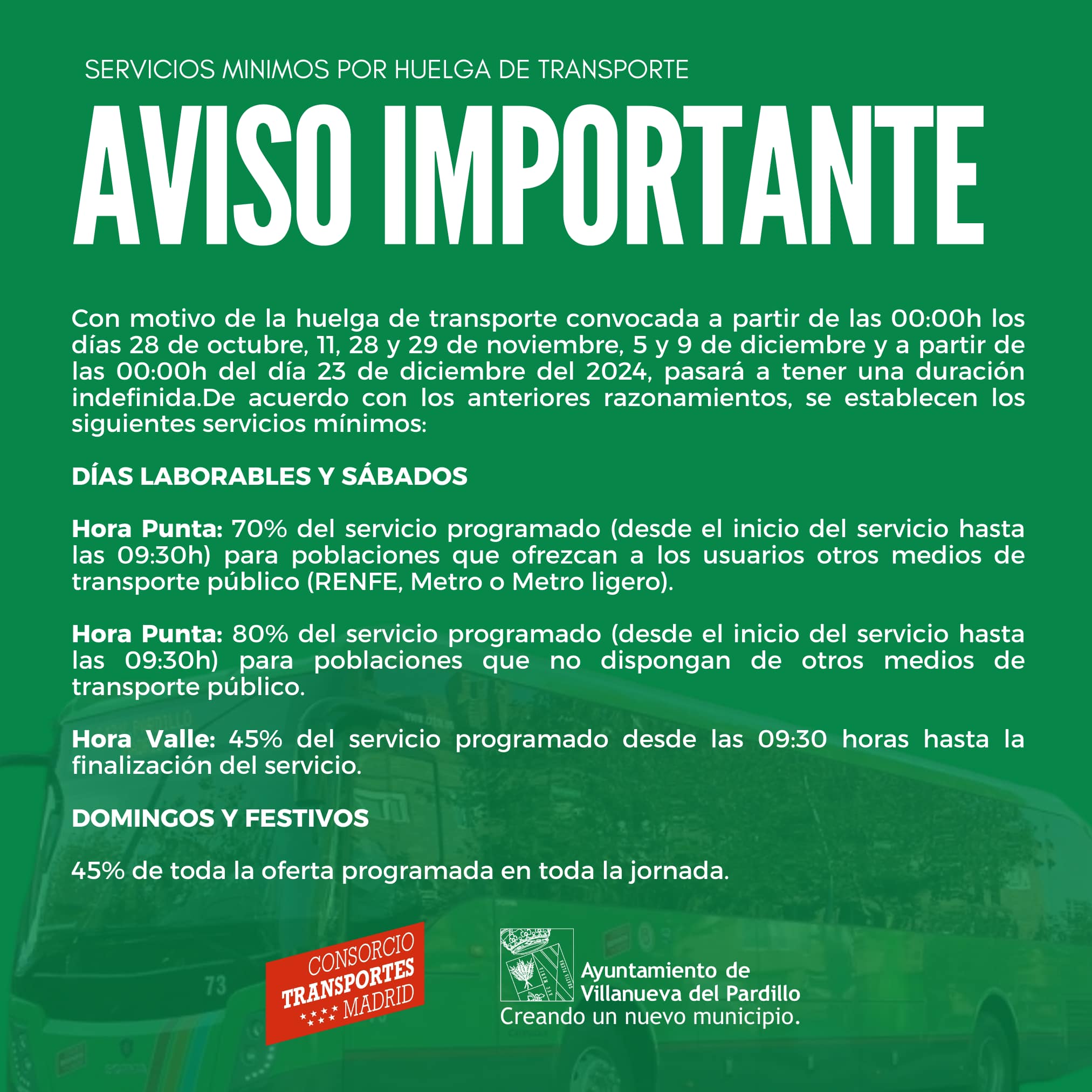 AVISO IMPORTANTE. Servicios mínimos por huelga de transporte