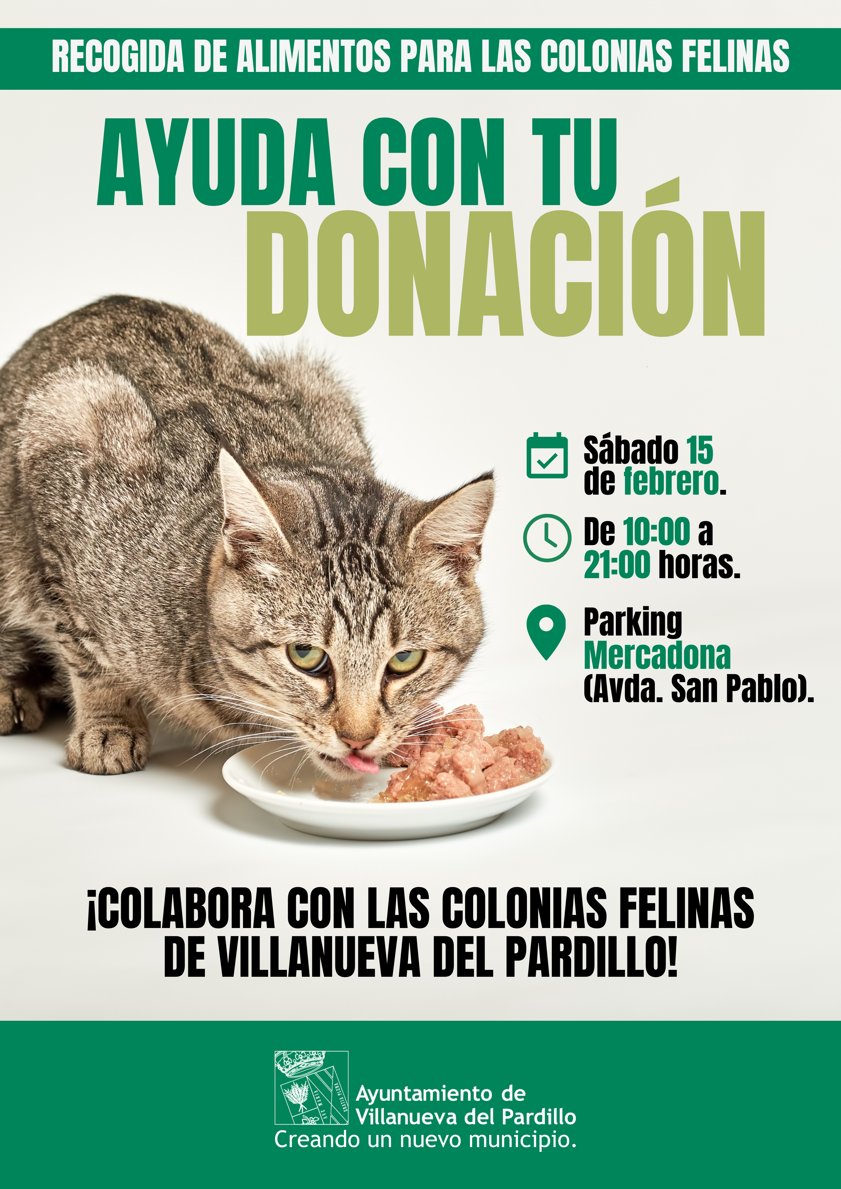 Ayuda con tu donación. Recogida de alimentos para las colonias felinas de Villanueva del Pardillo.